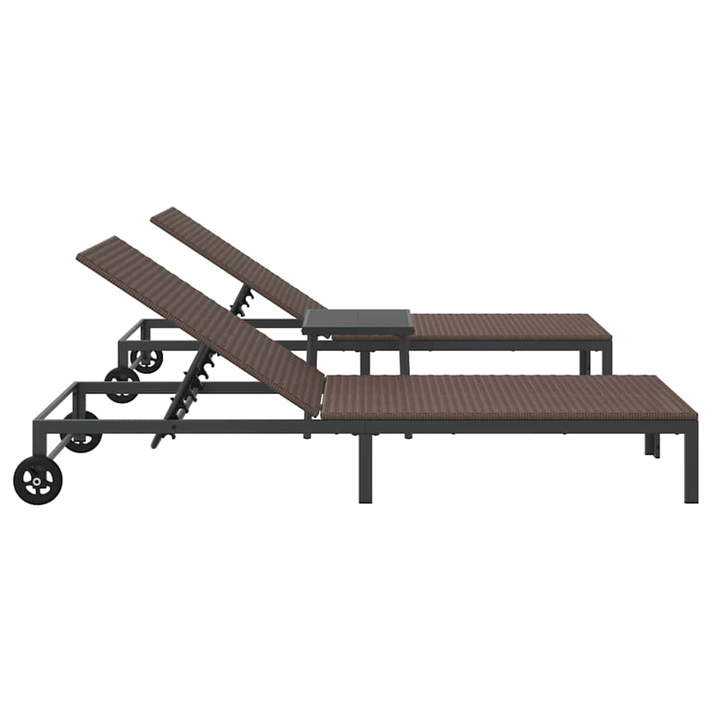 Sunbed Reclining 2-person 3 pcs Brown Poly Rattan