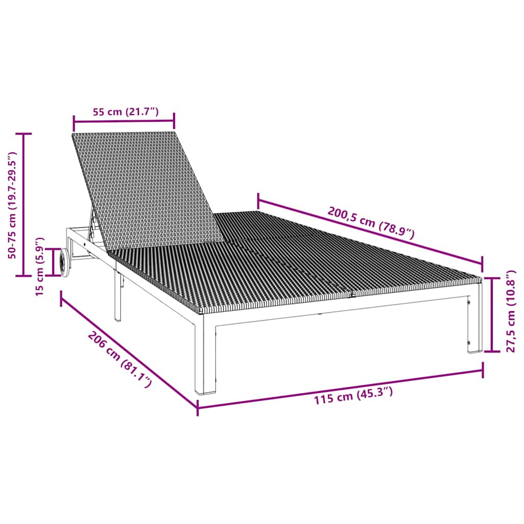 Sunbed Reclining 1-person Black 206 x 115 x 75 cm Poly Rattan