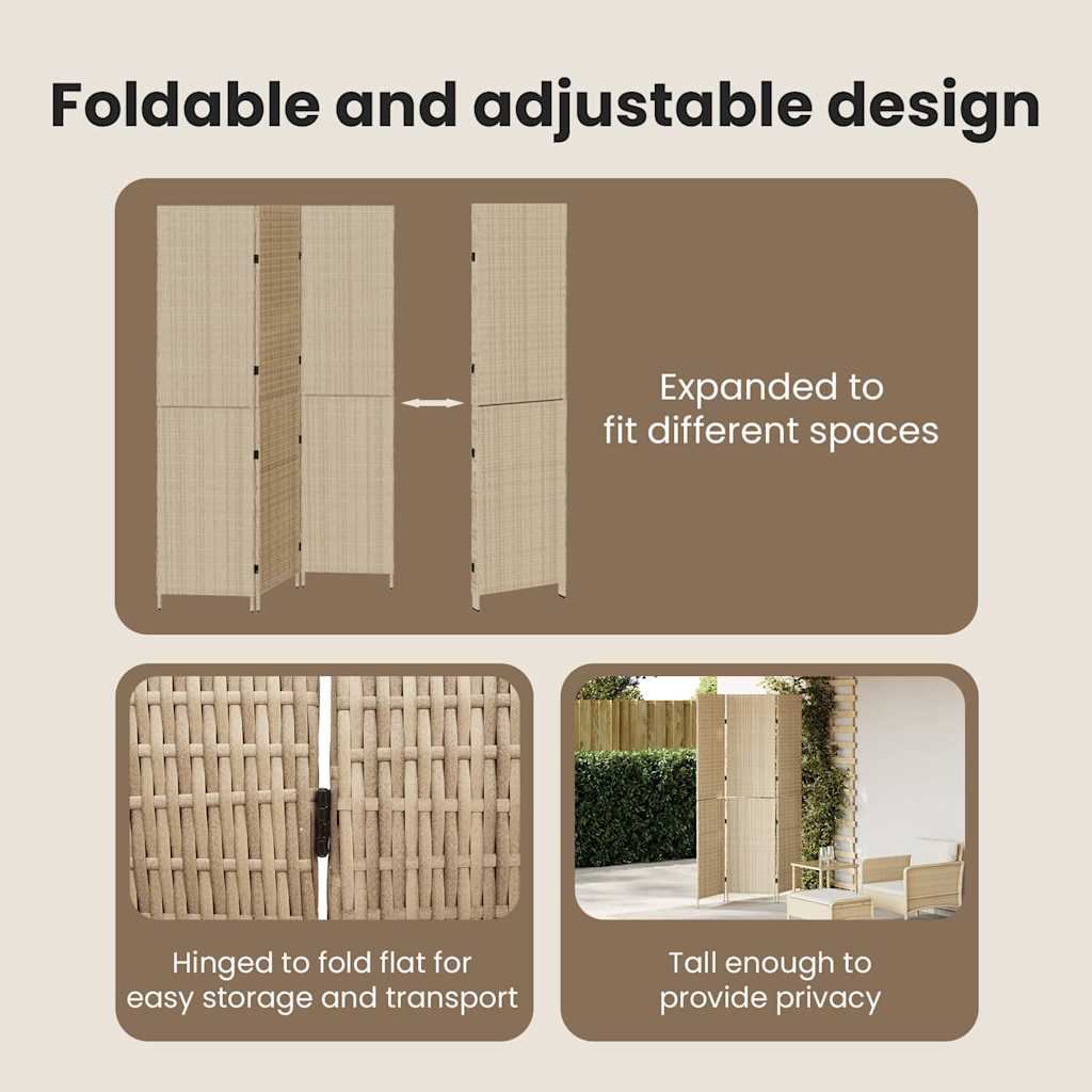 Room Divider Folding Manual Beige 147 x 180 cm Poly Rattan