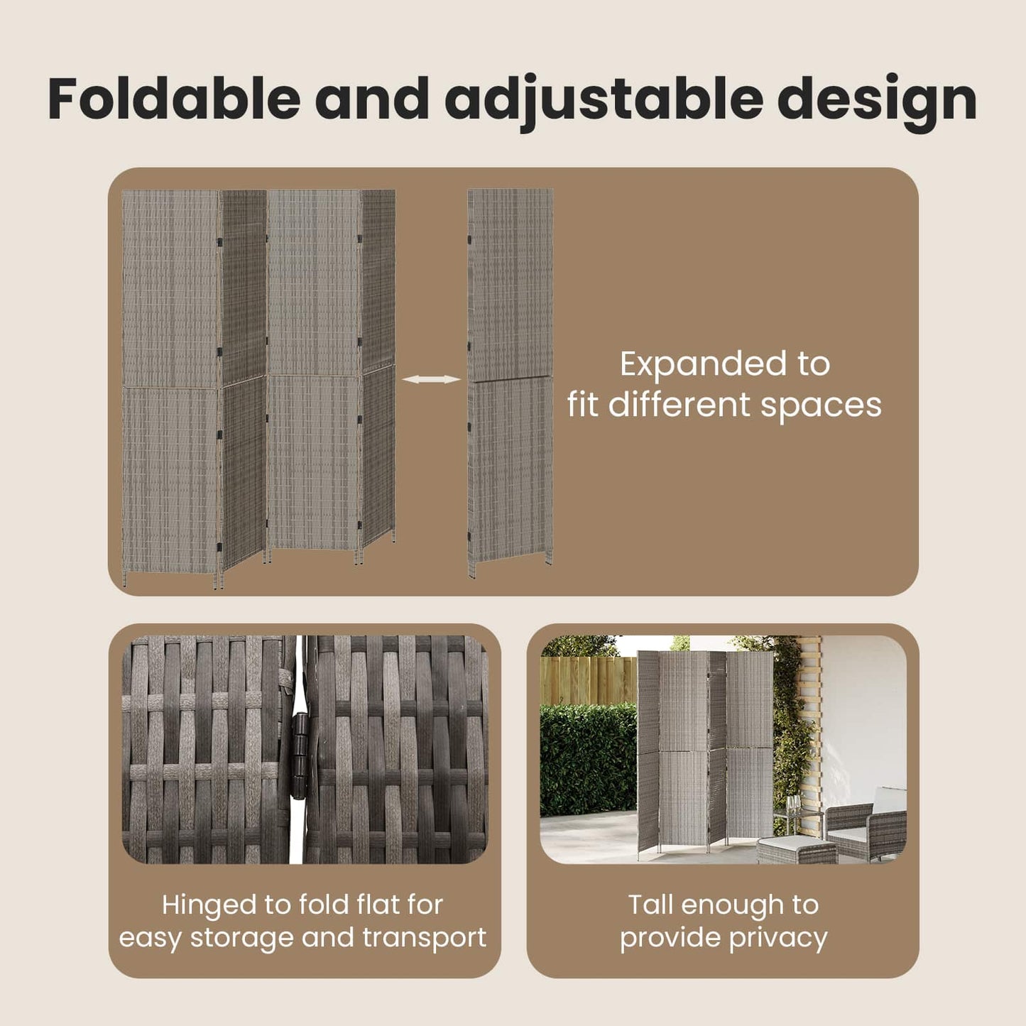 Room Divider Folding Manual Grey 195 x 180 cm Poly Rattan