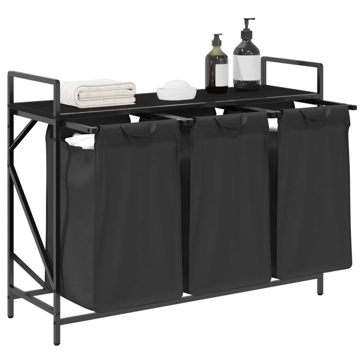 Laundry Basket 3 Compartments with Shelf Black Oak