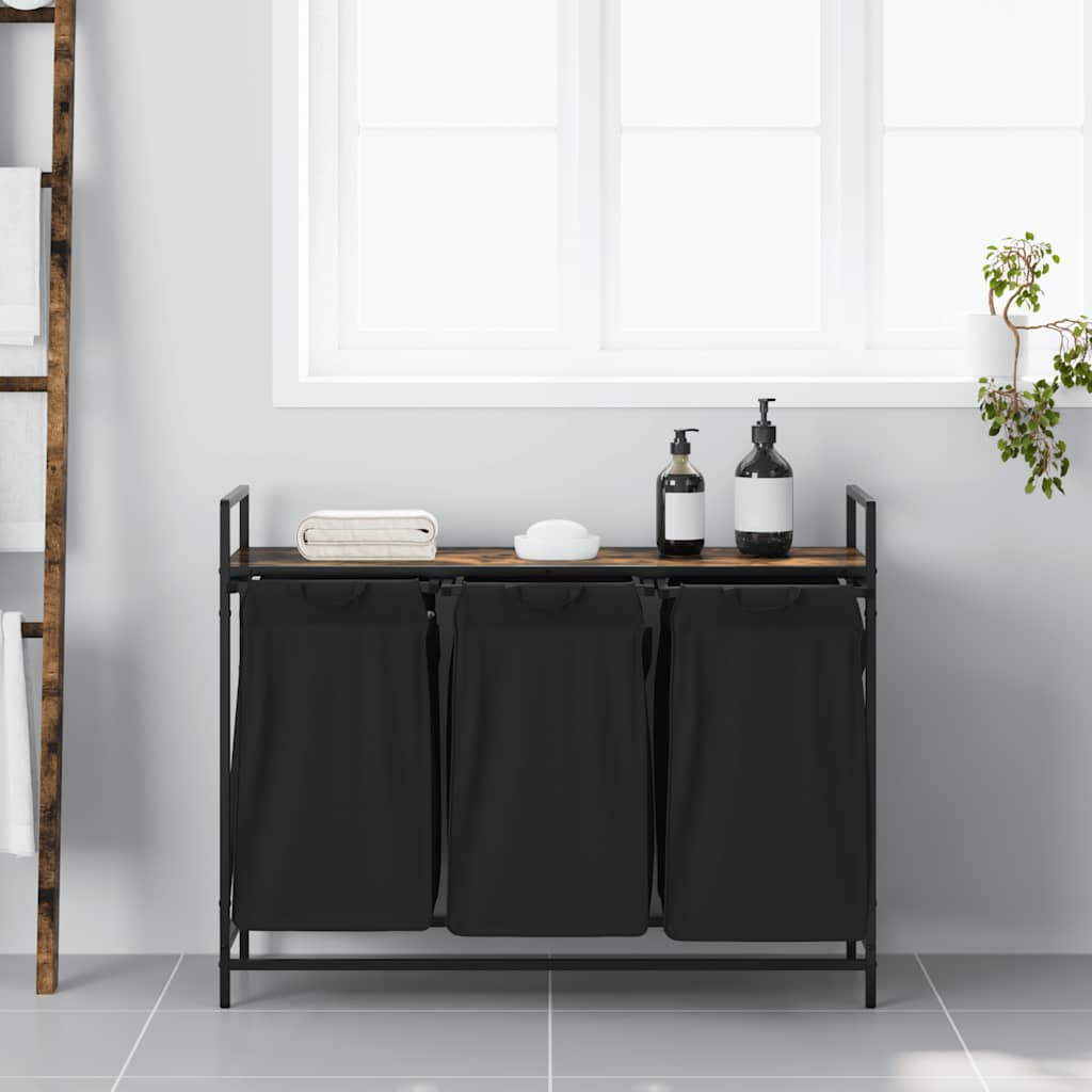 Laundry Basket 3 Compartments with Shelf Smoked Oak