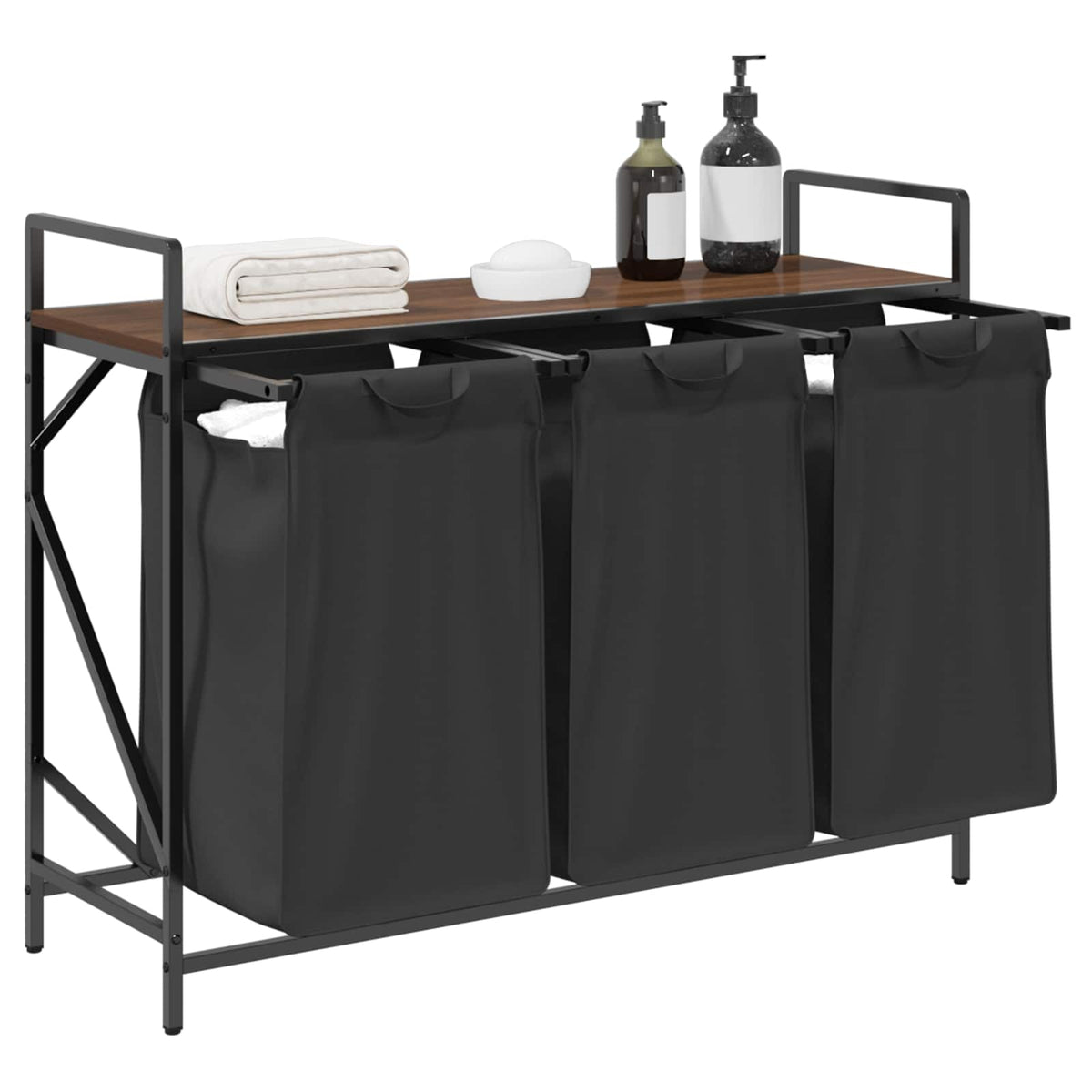 Laundry Basket 3 Compartments with Shelf Brown Oak