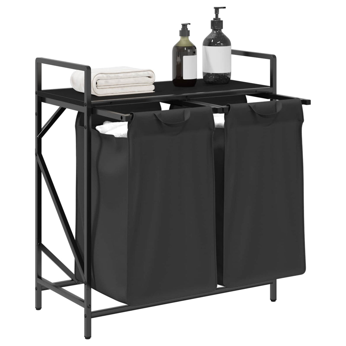 Laundry Basket 2 Compartments with Shelf Black Oak