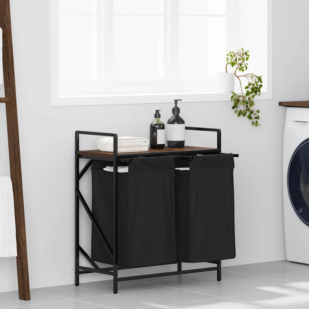 Laundry Basket 2 Compartments with Shelf Brown Oak