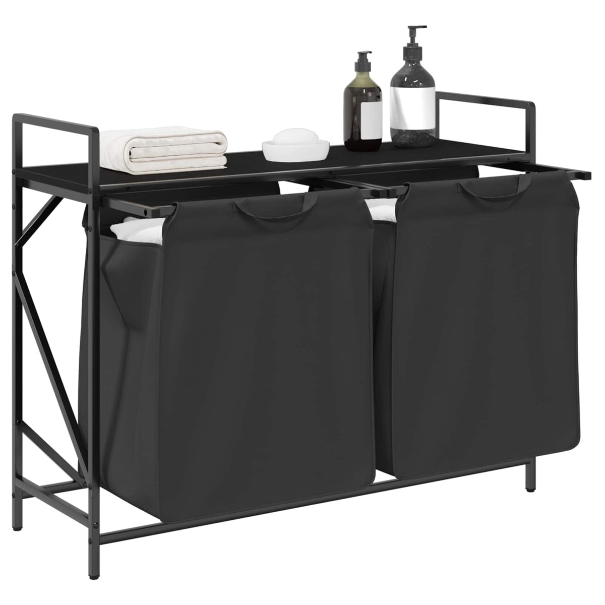 Laundry Basket 2 Compartments with Shelf Black Oak