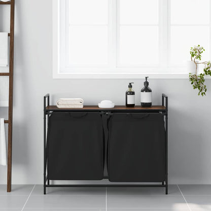 Laundry Basket 2 Compartments with Shelf Brown Oak