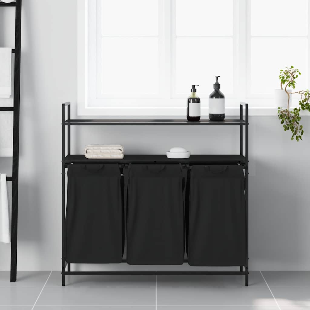Laundry Basket 3 Compartments with Shelves Black Oak