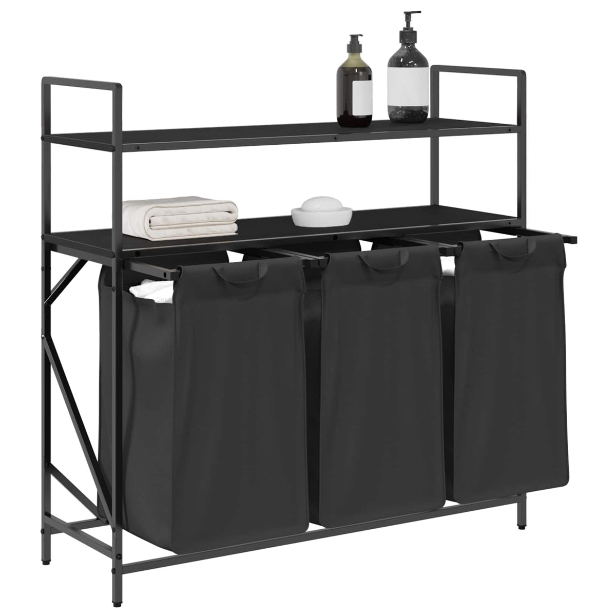 Laundry Basket 3 Compartments with Shelves Black Oak