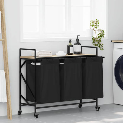 Laundry Basket 3 Compartments with Wheels Sonoma Oak