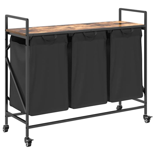 Laundry Basket 3 Compartments with Wheels Smoked Oak