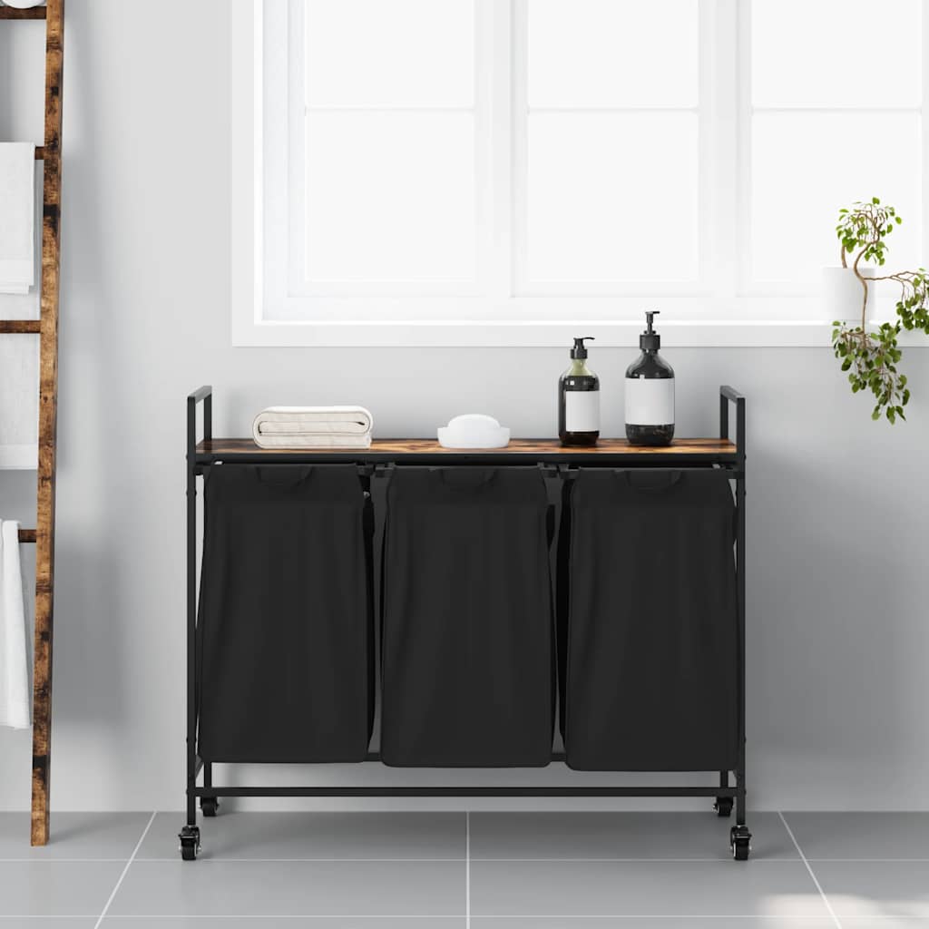 Laundry Basket 3 Compartments with Wheels Smoked Oak