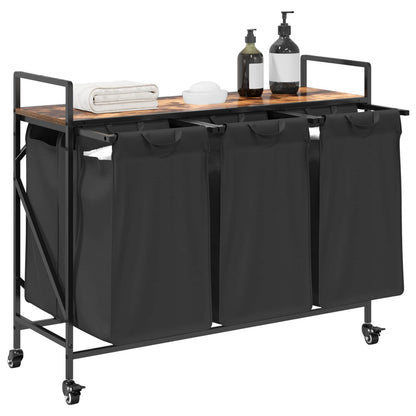 Laundry Basket 3 Compartments with Wheels Smoked Oak