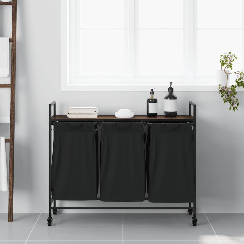 Laundry Basket 3 Compartments with Wheels Brown Oak
