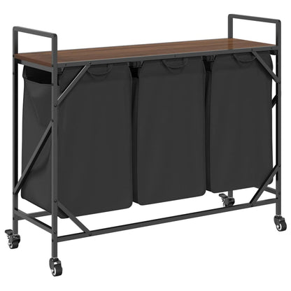 Laundry Basket 3 Compartments with Wheels Brown Oak