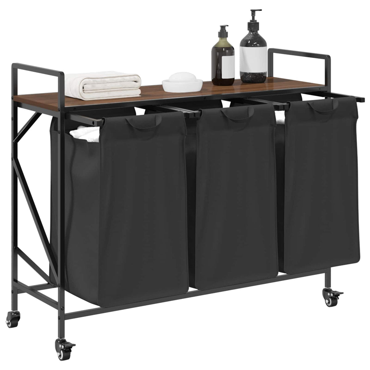 Laundry Basket 3 Compartments with Wheels Brown Oak