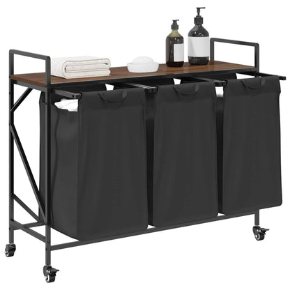 Laundry Basket 3 Compartments with Wheels Brown Oak