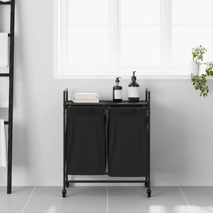 Laundry Basket 2 Compartments with Wheels Black Oak