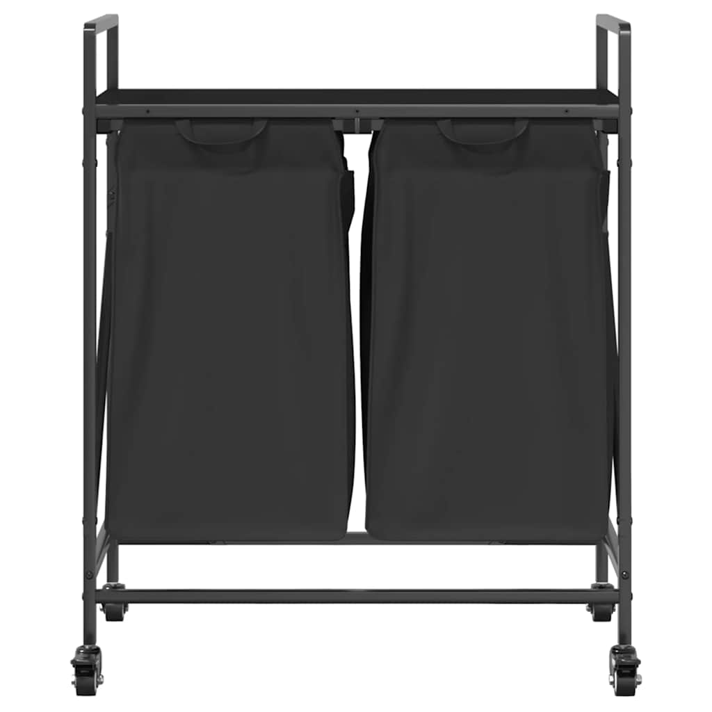 Laundry Basket 2 Compartments with Wheels Black Oak