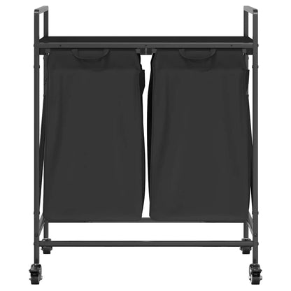 Laundry Basket 2 Compartments with Wheels Black Oak