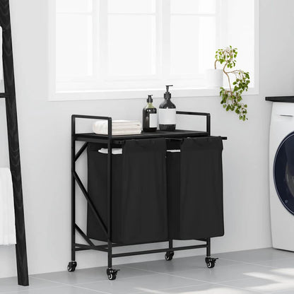 Laundry Basket 2 Compartments with Wheels Black Oak