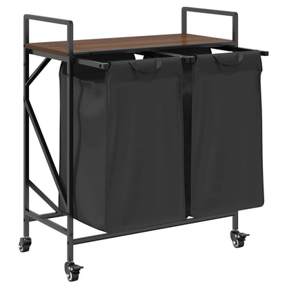 Laundry Basket 2 Compartments with Wheels Brown Oak