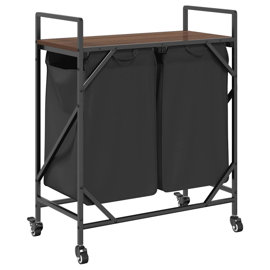 Laundry Basket 2 Compartments with Wheels Brown Oak