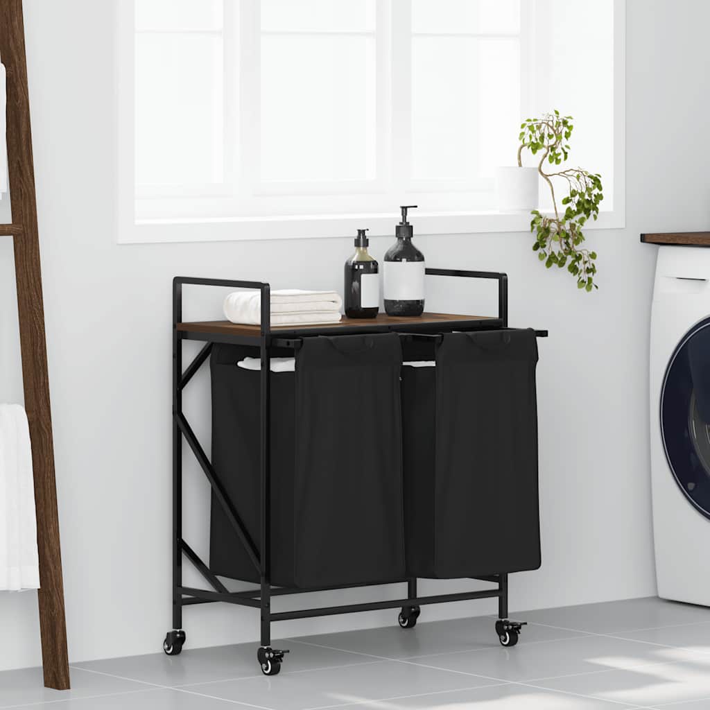 Laundry Basket 2 Compartments with Wheels Brown Oak