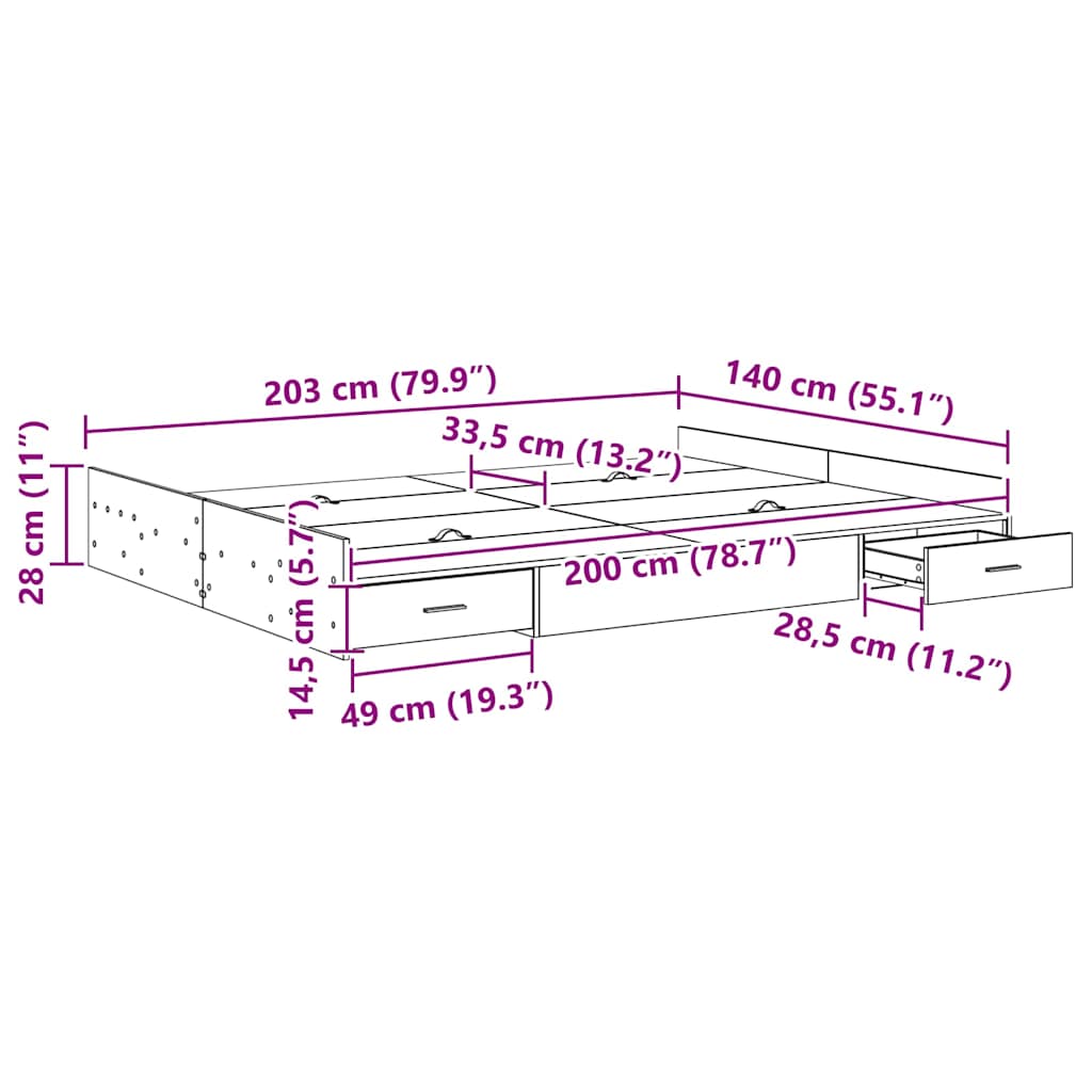 Storage Bed Frame Grey Sonoma 140 x 200 cm Engineered Wood