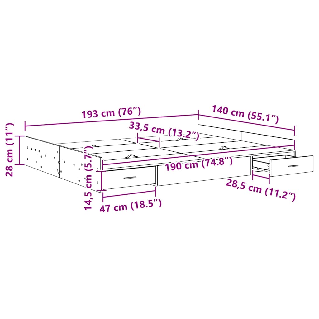Storage Bed Frame Smoked Oak 140 x 190 cm Engineered Wood