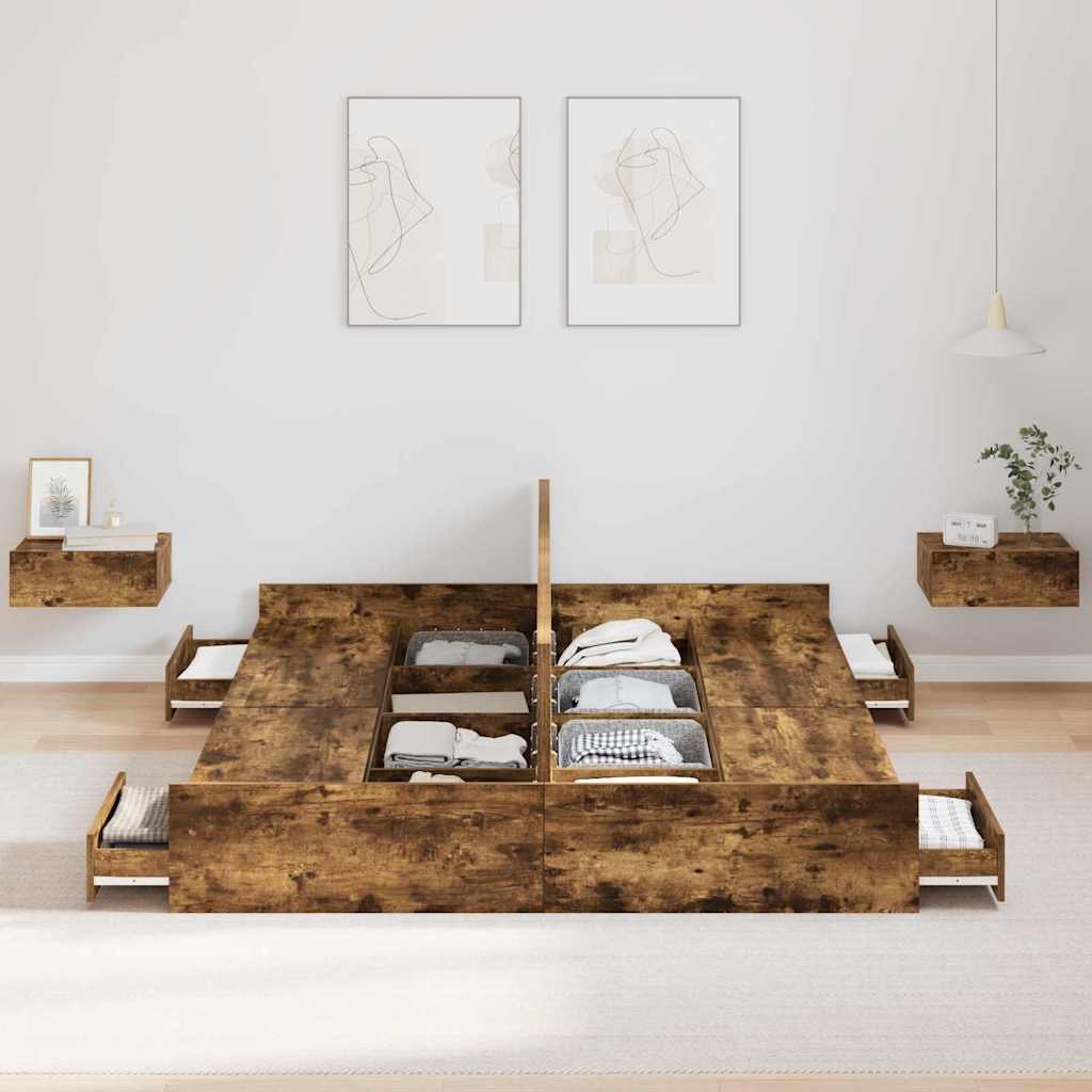 Storage Bed Frame Smoked Oak 135 x 190 cm Engineered Wood