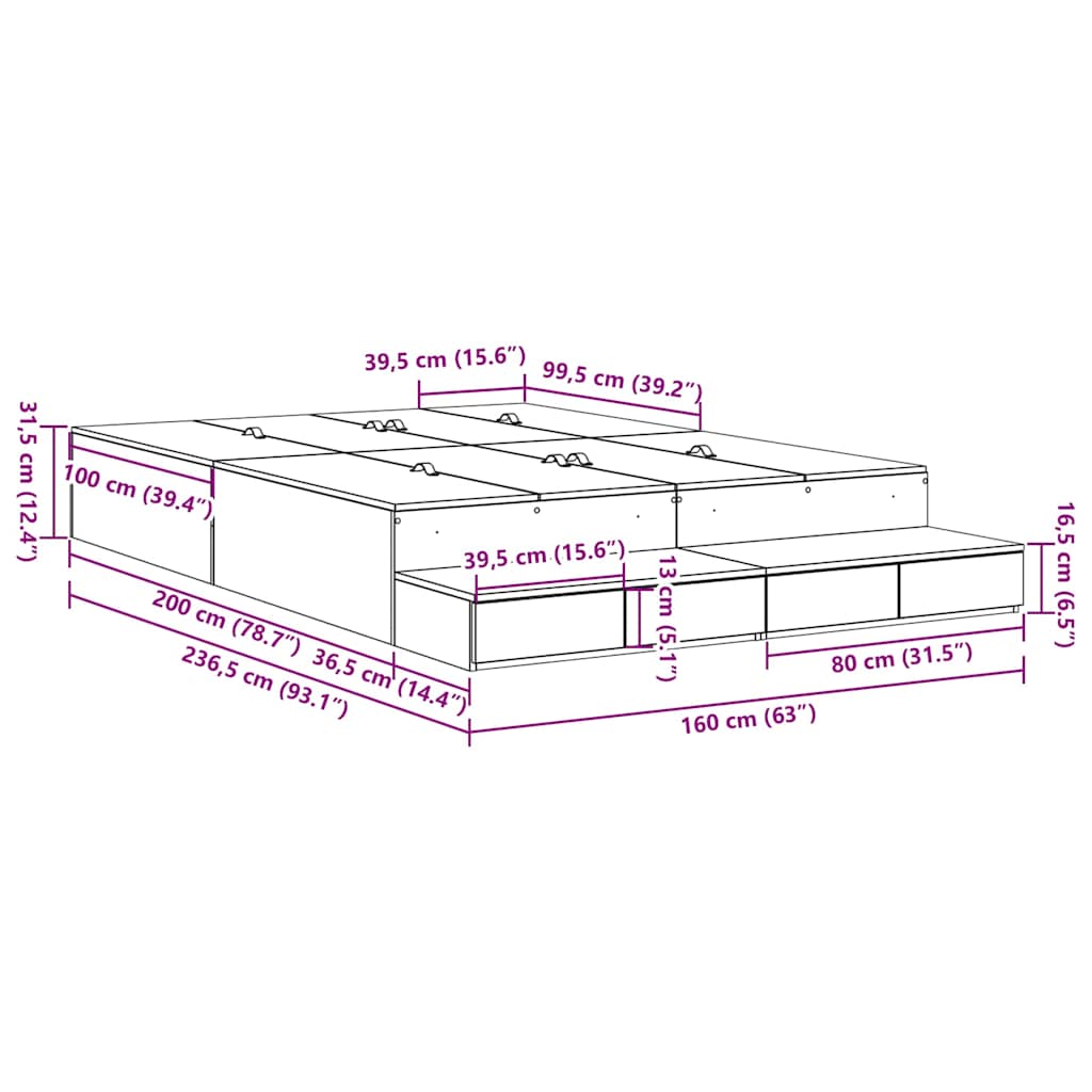Storage Bed Frame with Drawer Black Oak 160 cm Engineered Wood