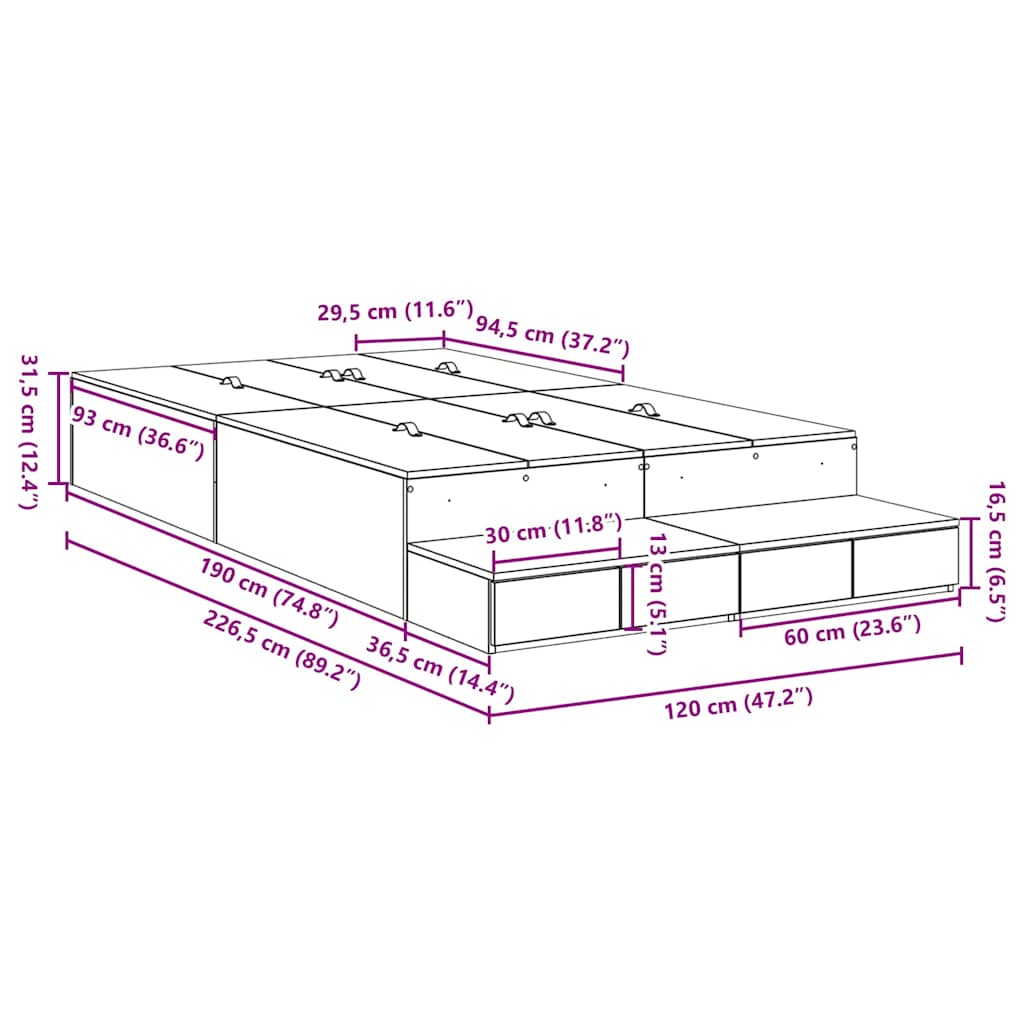 Storage Bed Frame Concrete Grey 120 cm Engineered Wood