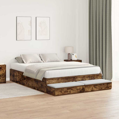 Storage Bed Frame with Drawer Smoked Oak 135 cm Engineered Wood