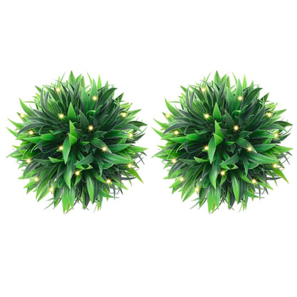 Artificial Boxwood Balls with LED Lights - 2 pcs Green 30 cm, featuring durable polyethylene construction for outdoor use and solar-powered warm white LED lights.