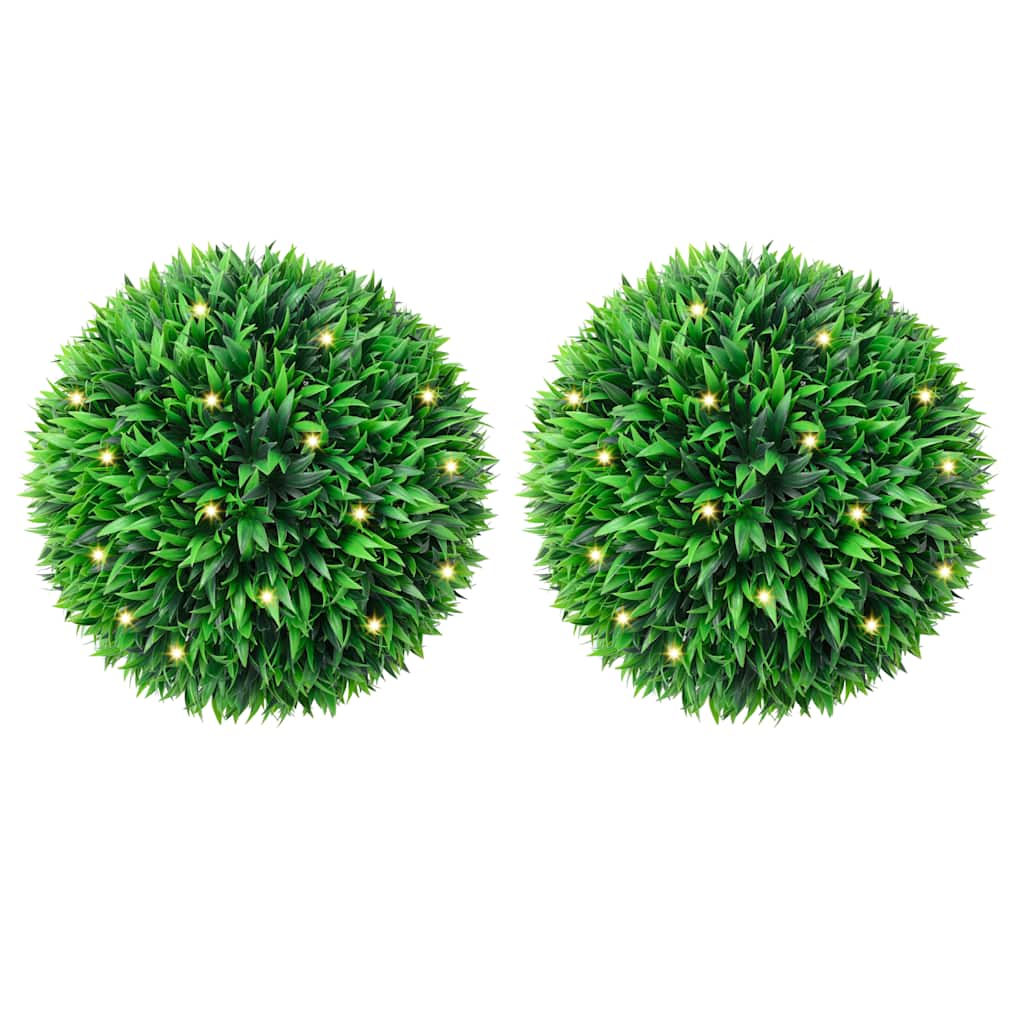 Artificial Boxwood Balls with LED Lights 2 pcs Green 38 cm, featuring lush synthetic foliage and warm white solar-powered LED lighting for eco-friendly outdoor and indoor decor.