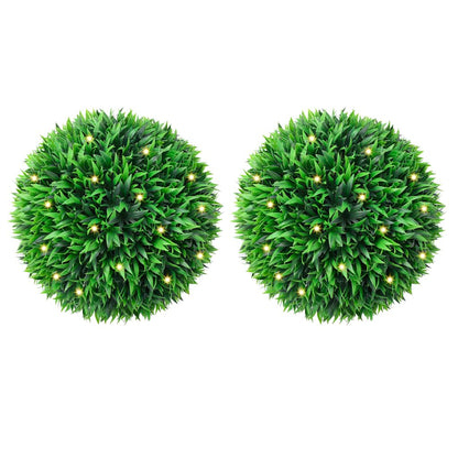 Artificial Boxwood Balls with LED Lights - Green 47 cm, perfect for indoor and outdoor decoration with warm white solar-powered lights.