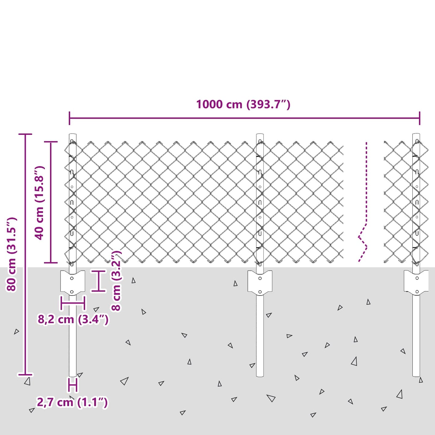 Chainlink Fence with Post 10 x 0.4 m PVC-Coated Steel Grey Mesh