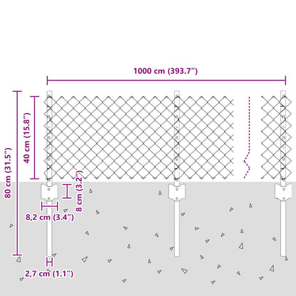 Chainlink Fence with Post 10 x 0.4 m PVC-Coated Steel Grey Mesh
