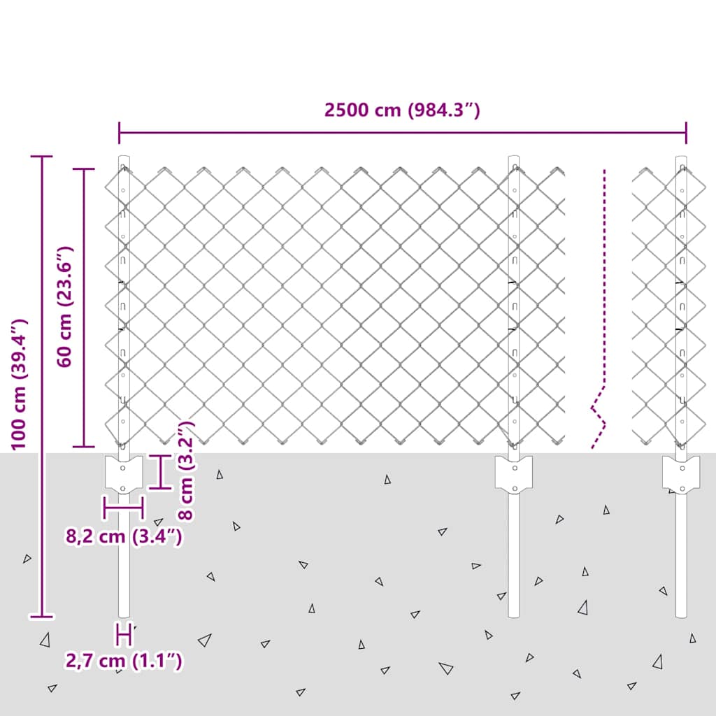 Chainlink Fence with Post 25 x 0.6 m Galvanised Steel Silver