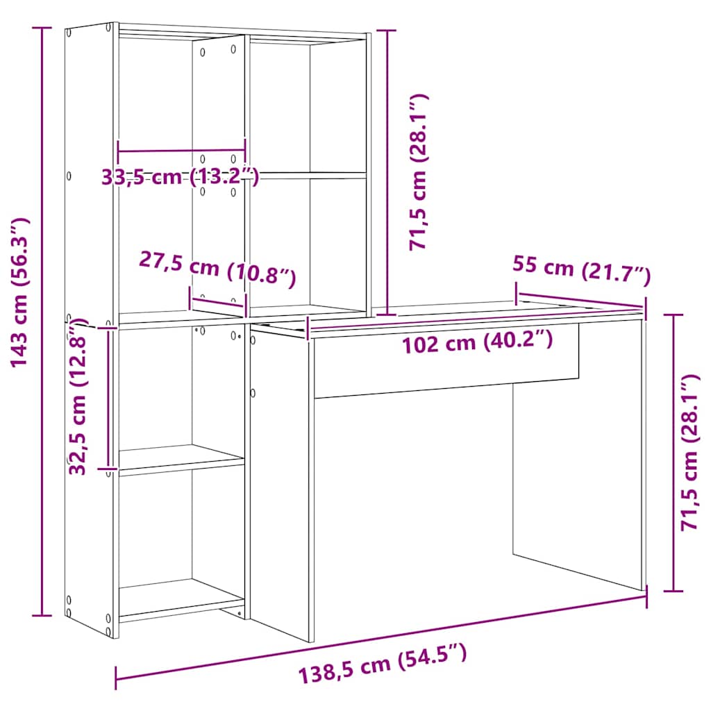 Desk with Shelf Smoked Oak 138.5 x 55 x 143 cm Engineered Wood