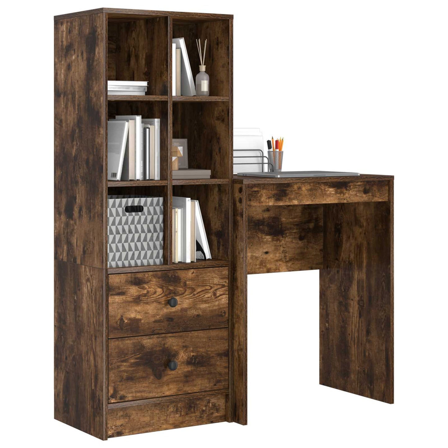 Desk with Drawer with Shelf with Storage 2 pcs Smoked Oak