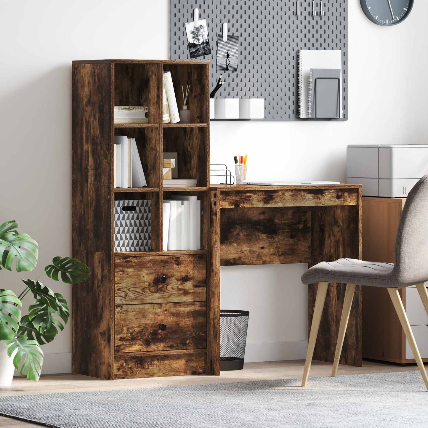 Desk with Drawer with Shelf with Storage 2 pcs Smoked Oak