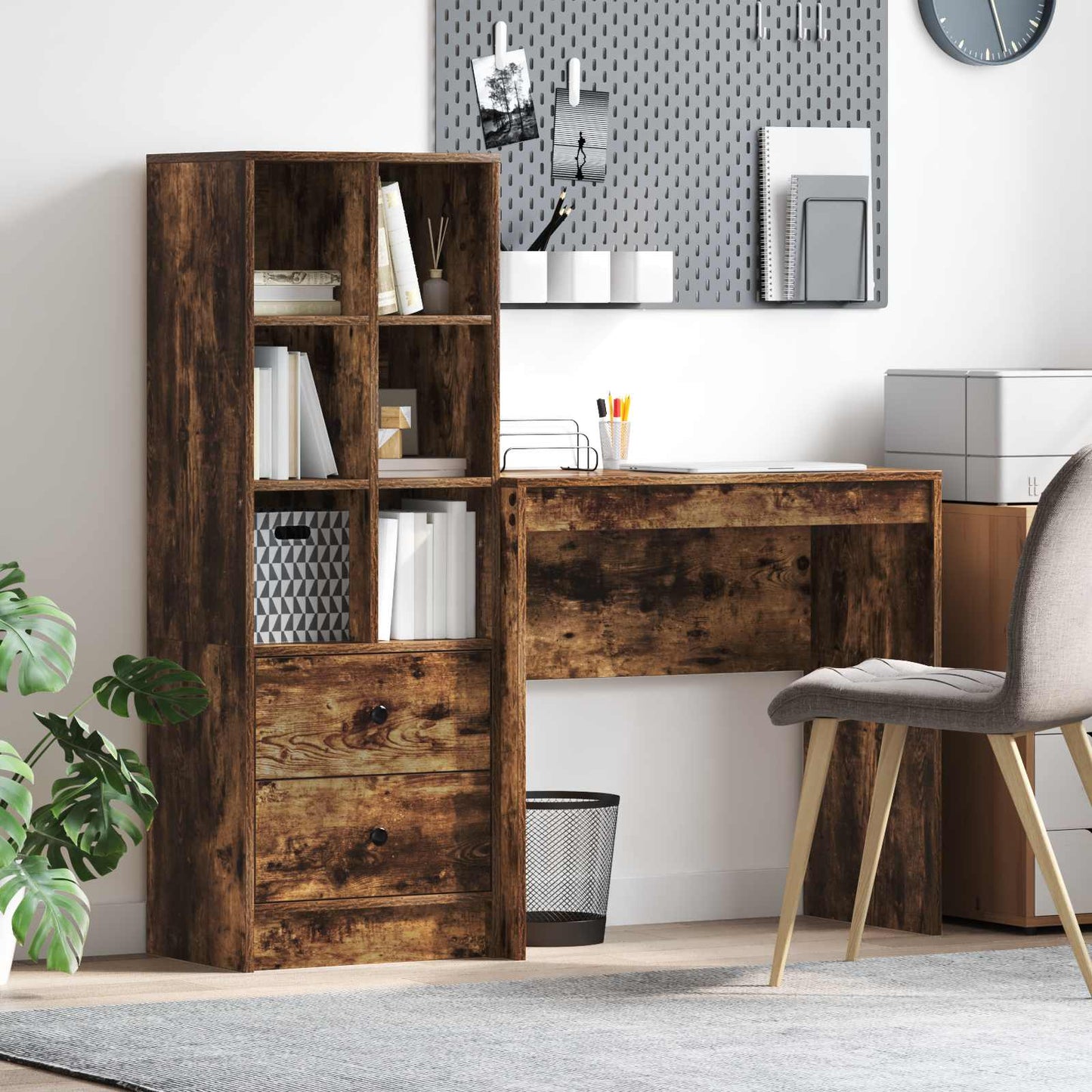Desk with Drawer with Shelf with Storage 2 pcs Smoked Oak