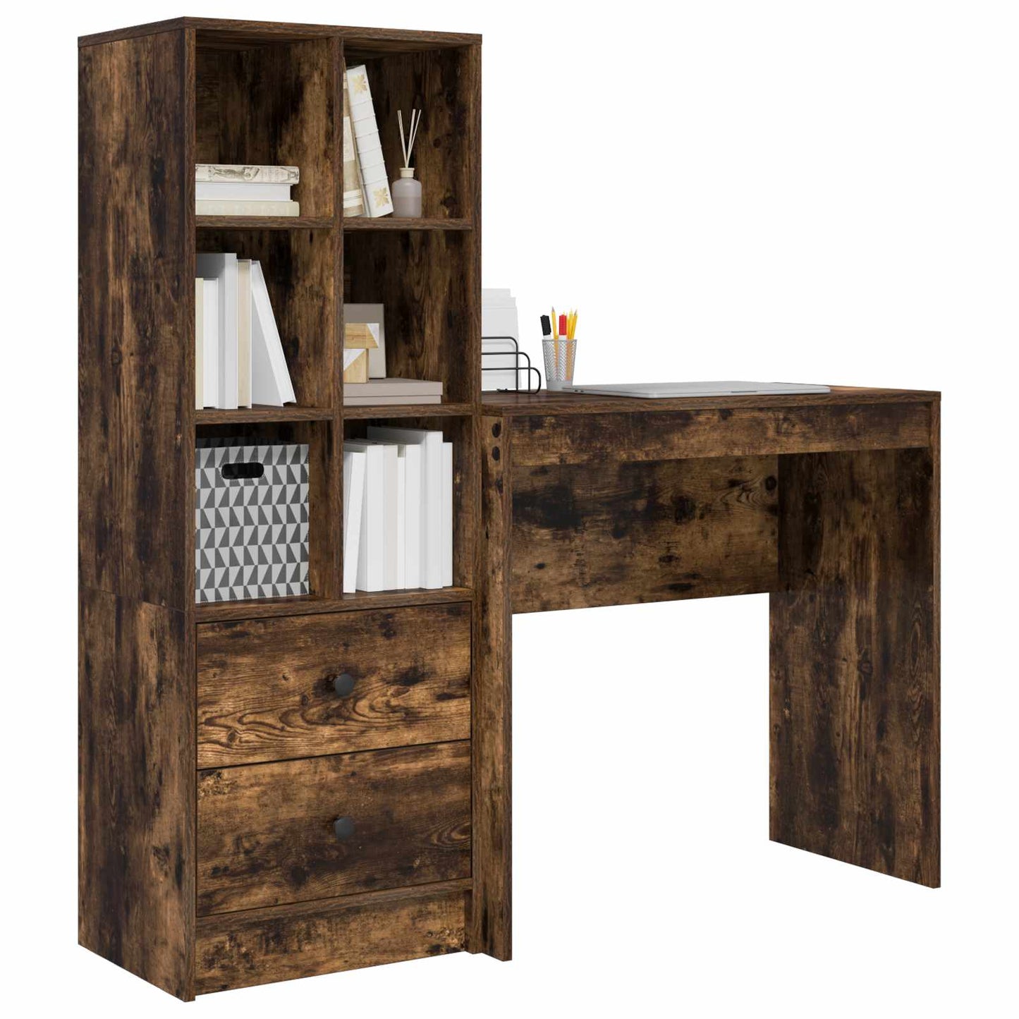Desk with Drawer with Shelf with Storage 2 pcs Smoked Oak