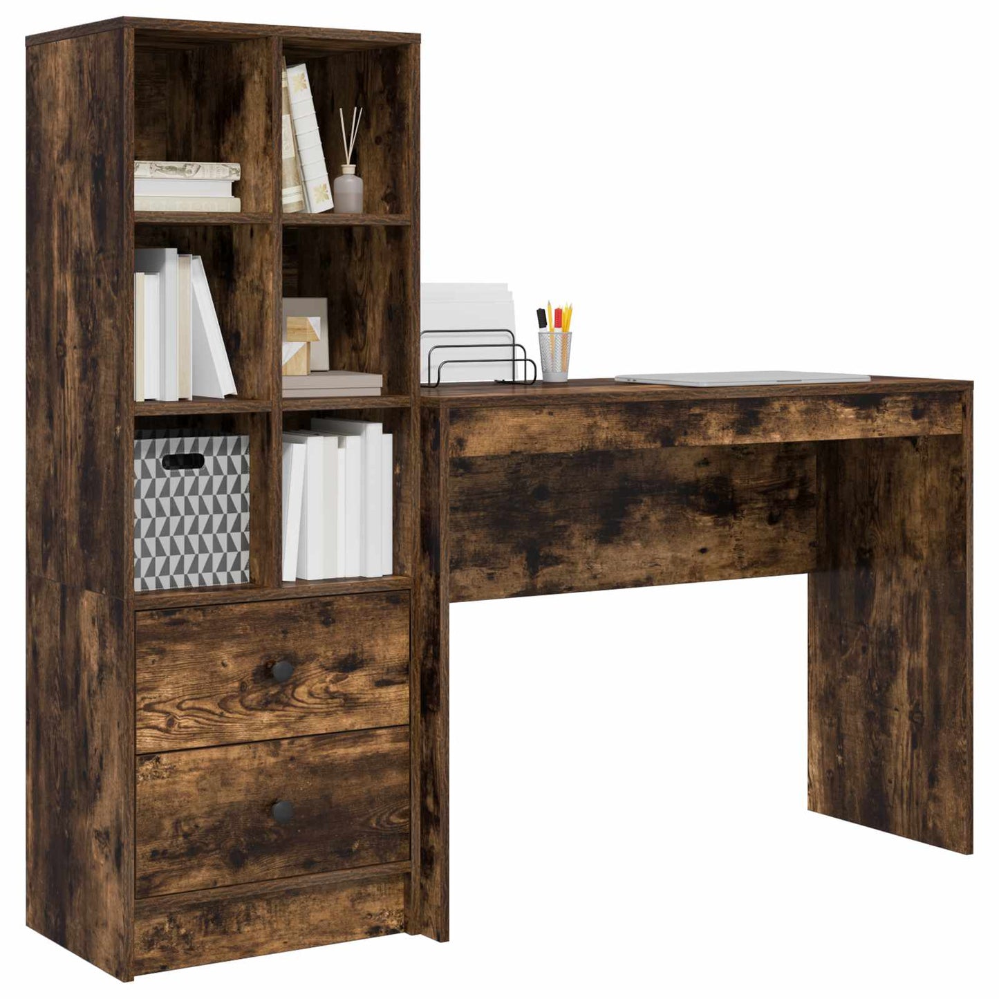 Desk with Drawer with Shelf with Storage 2 pcs Smoked Oak