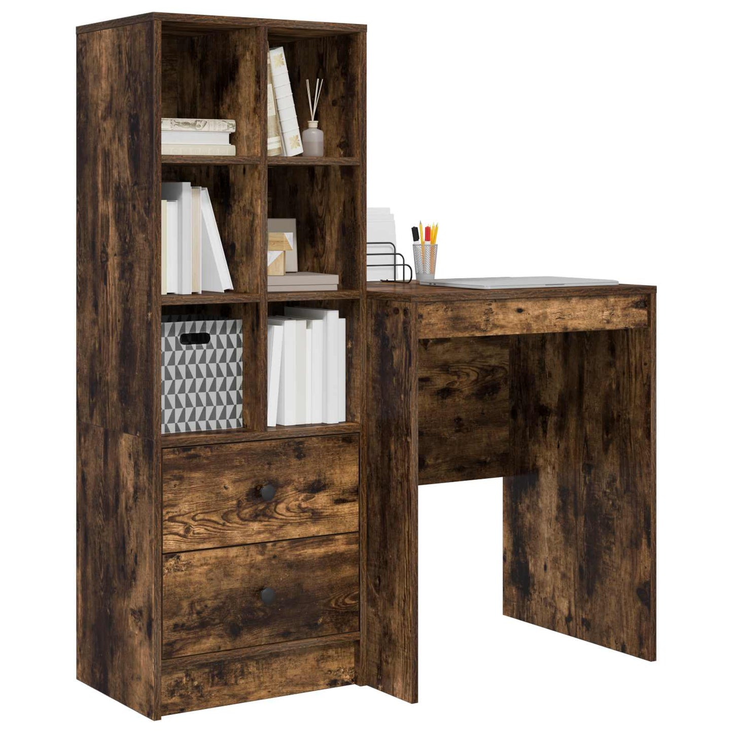 Desk with Drawer with Shelf with Storage 2 pcs Smoked Oak