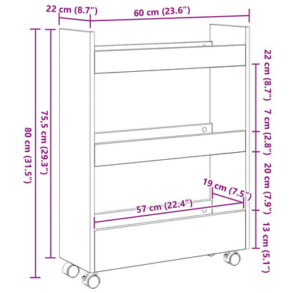Narrow Storage Trolley Black Oak 60 x 22 x 80 cm