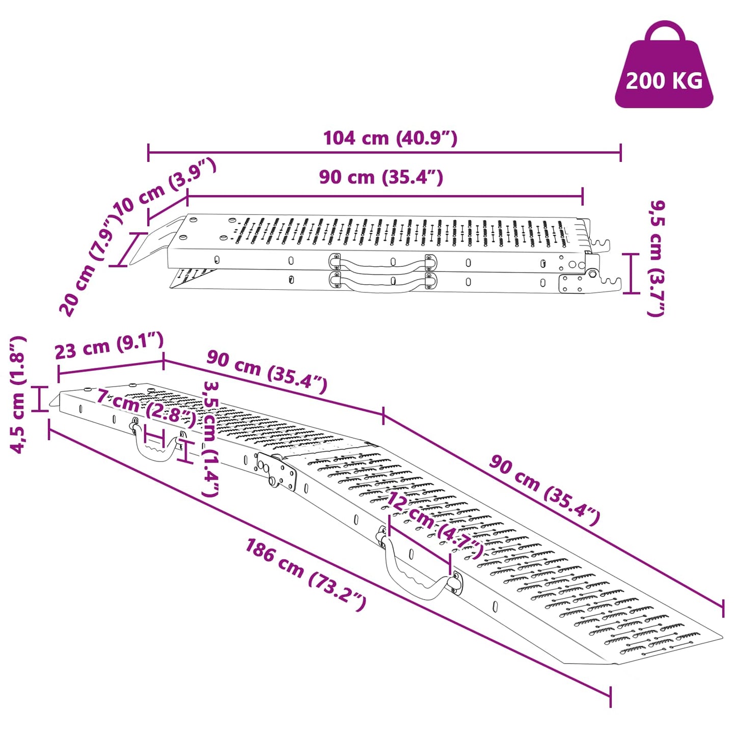 Foldable Ramp 200kg per ramp 2 pcs Silver 186 x 23 x 4.5 cm