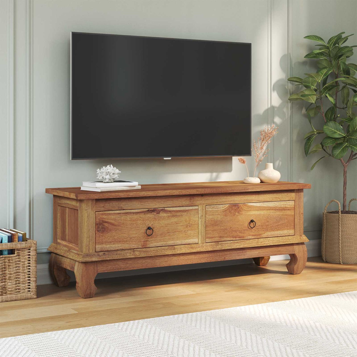 TV Stand with Drawer Natural 110 x 35 x 40 cm Solid Teak Wood